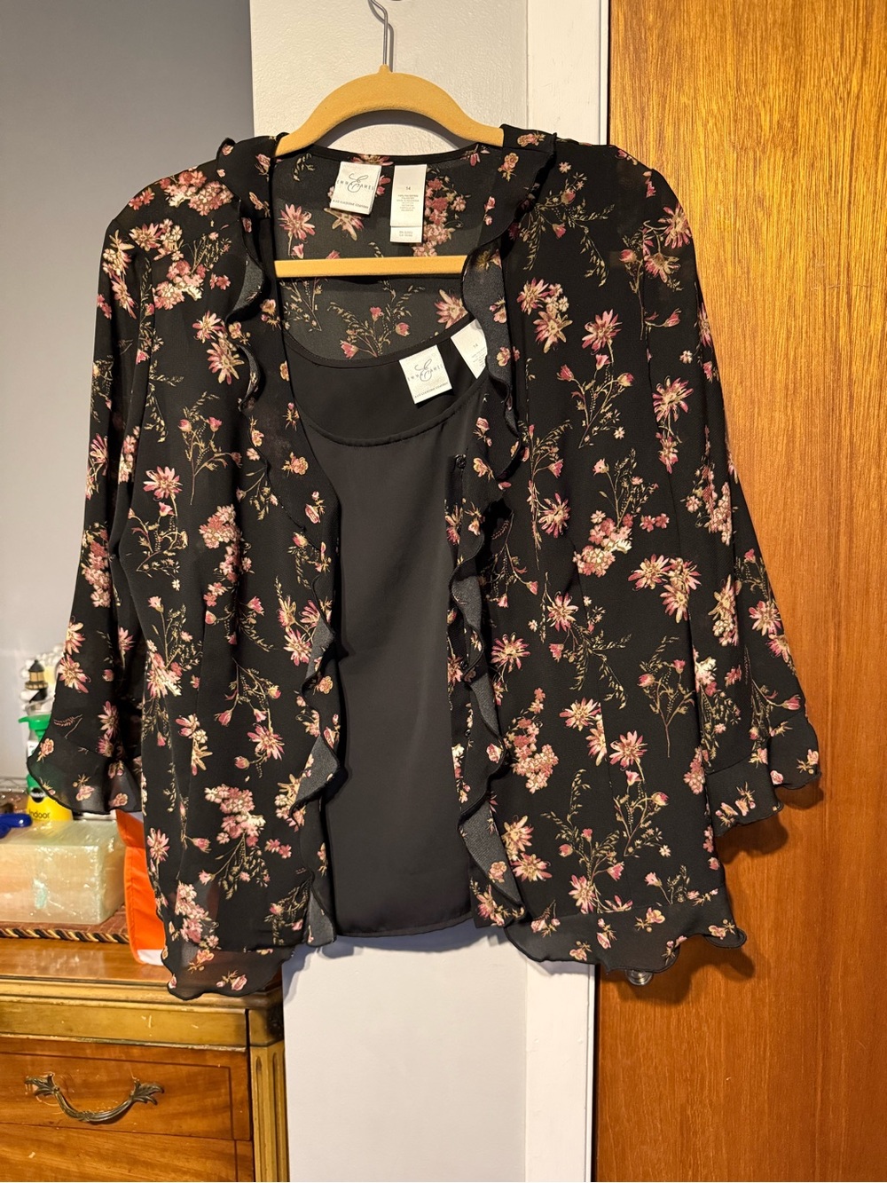 Emma James Black Floral Ruffle Front Blouse